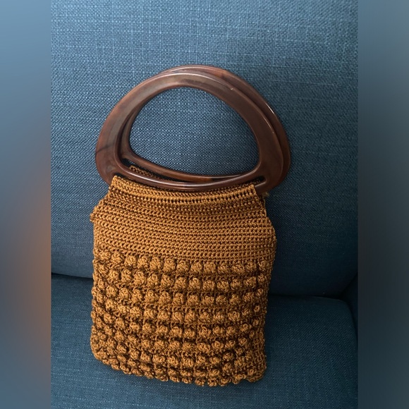 Vintage Crochet Rust Brown with Knots & Oval Lucite Handles Boho Handbag Purse - Picture 4 of 12
